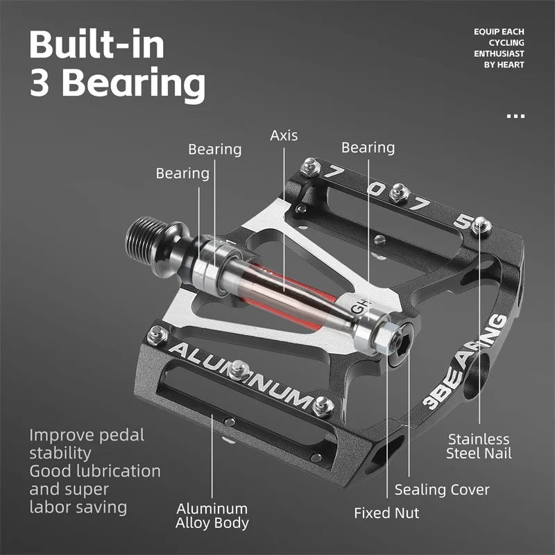 3-Bearing CNC Aluminum Bike Pedals Anti-Slip Black