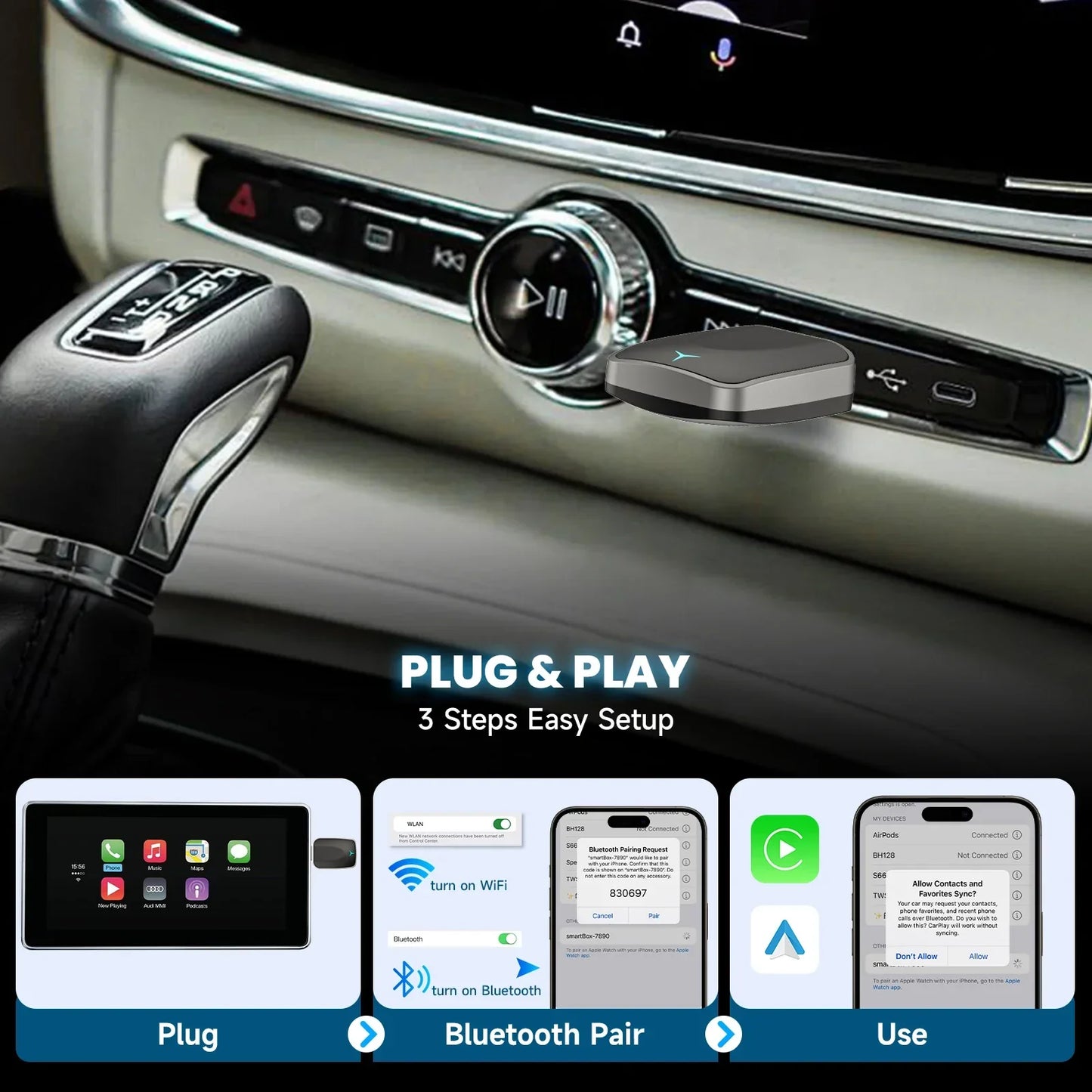 Wired to Wireless CarPlay Android Auto Adapter Black