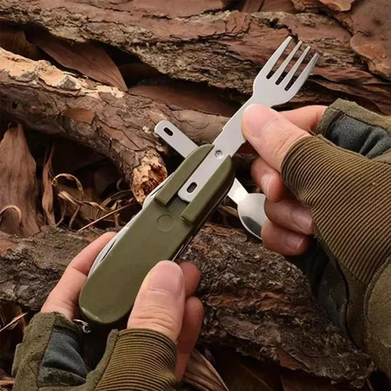 7-in-1 Folding Camping Cutlery Set with Storage Bag Green
