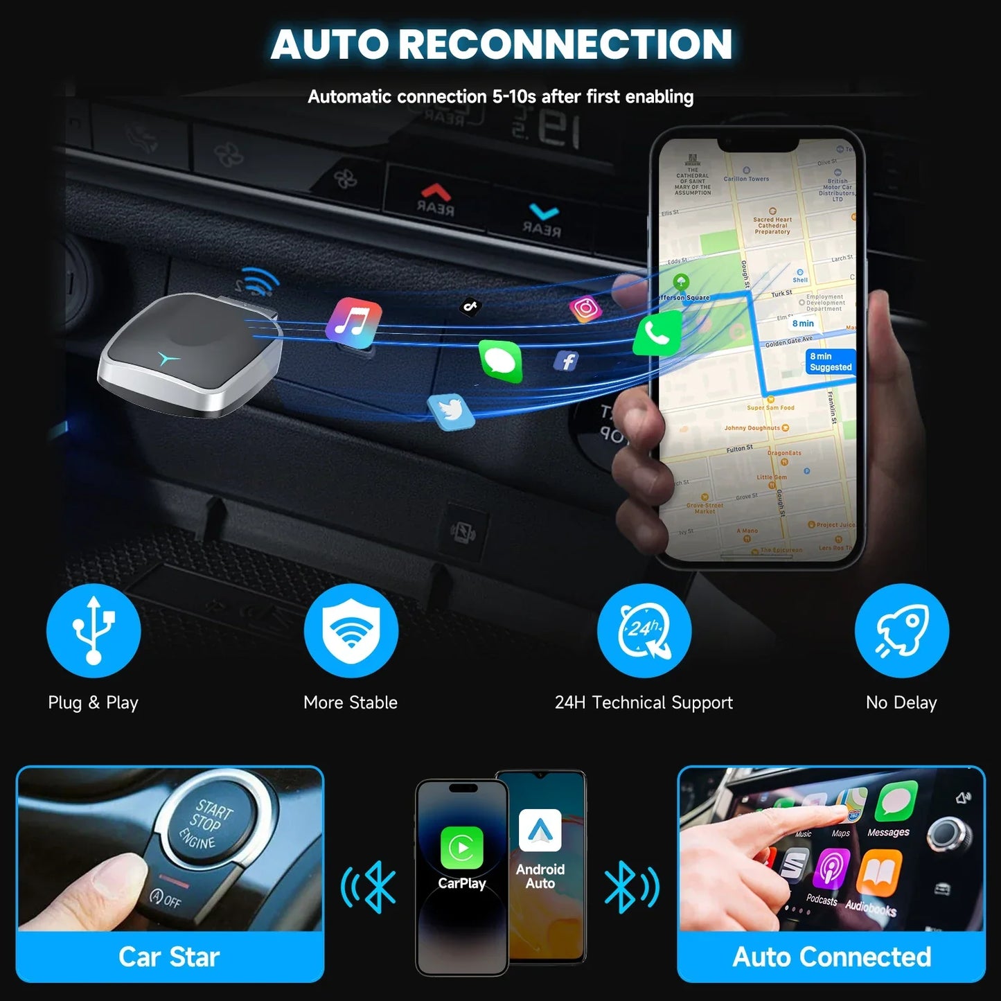 Wired to Wireless CarPlay Android Auto Adapter Black