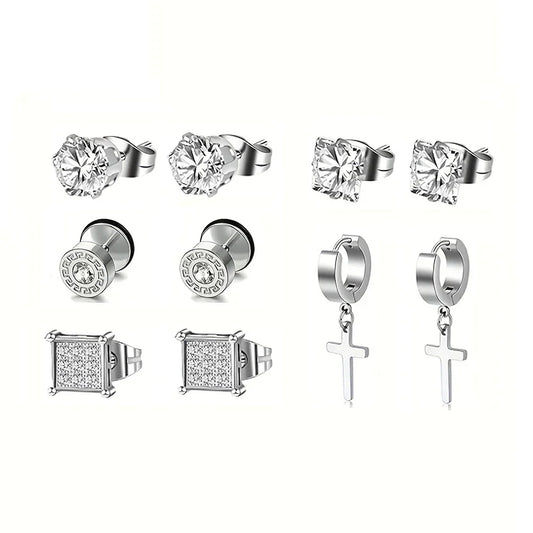 Earrings Stainless Steel 5 Pairs Set for Men (Steel)