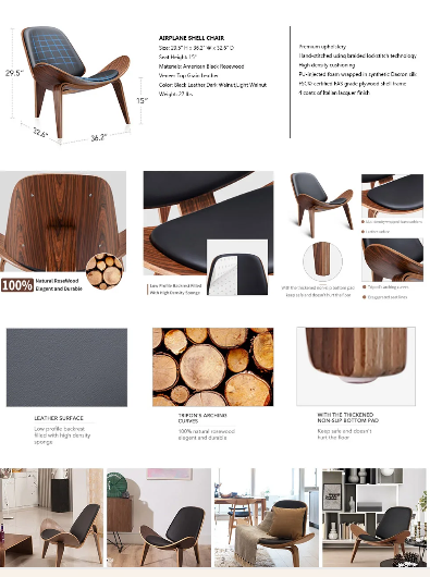Shell Lounge Chair Tripod Wood with Black PU Leather Chairs