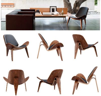 Shell Lounge Chair Tripod Wood with Black PU Leather Chairs