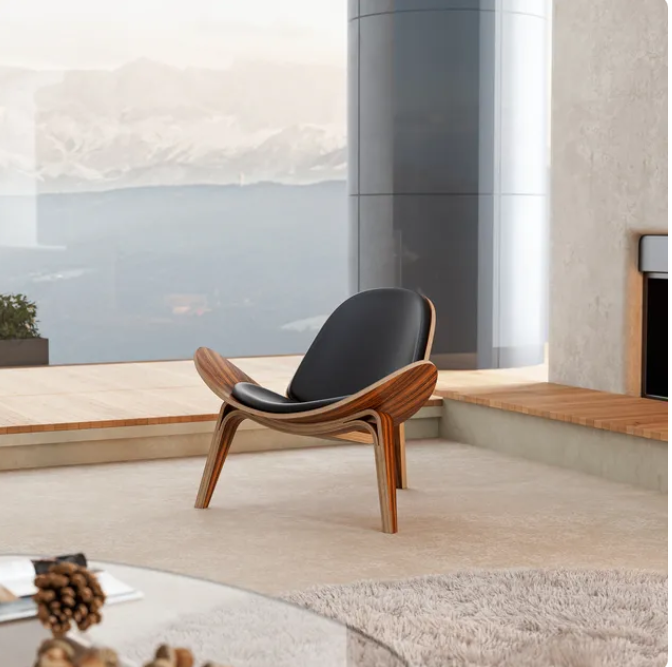 Shell Lounge Chair Tripod Wood with Black PU Leather Chairs