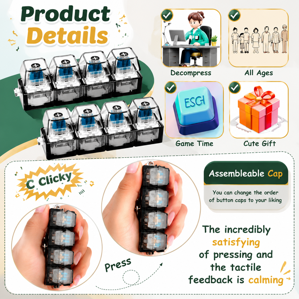 LED Keyboard Fidget Keychain for Stress Relief and Focus