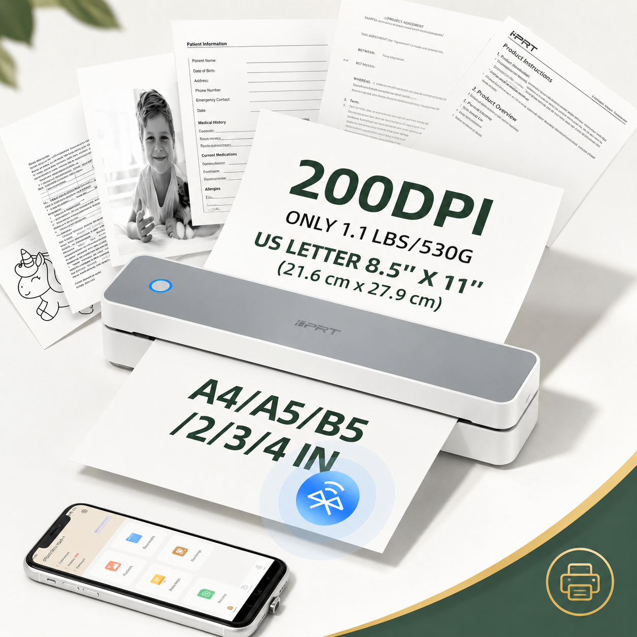 Inkless Portable Thermal Printer for Documents, Bluetooth Wireless Travel Printer