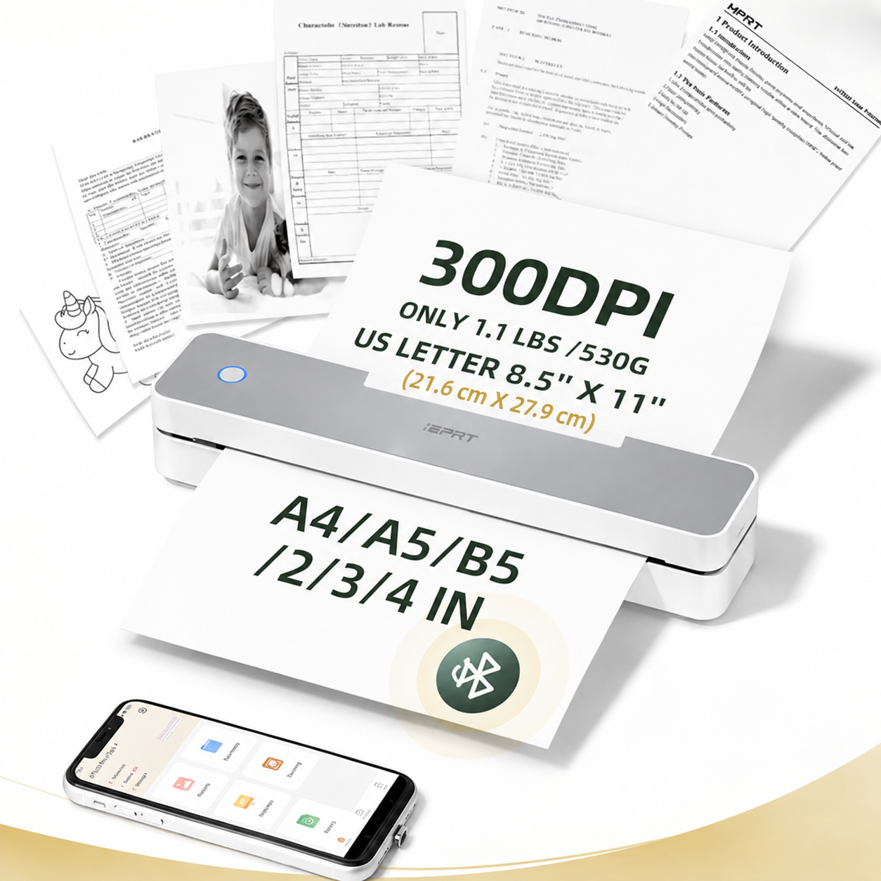 Compact Inkless Travel Printer, Bluetooth Wireless Printer for Phone and Laptop on the Go
