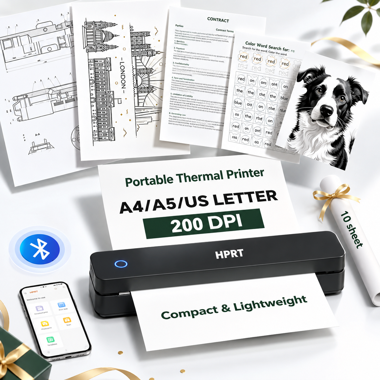 Inkless Portable Thermal Printer for Documents, Bluetooth Wireless Travel Printer