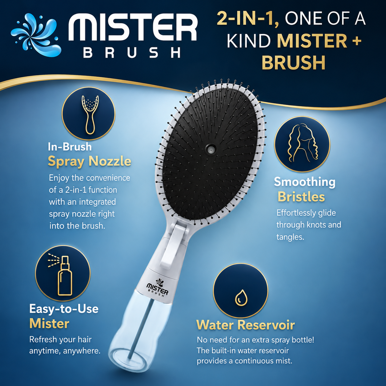 Misting Hair Brush for Effortless Confidence with No-Tangle Bristles, Wet & Dry