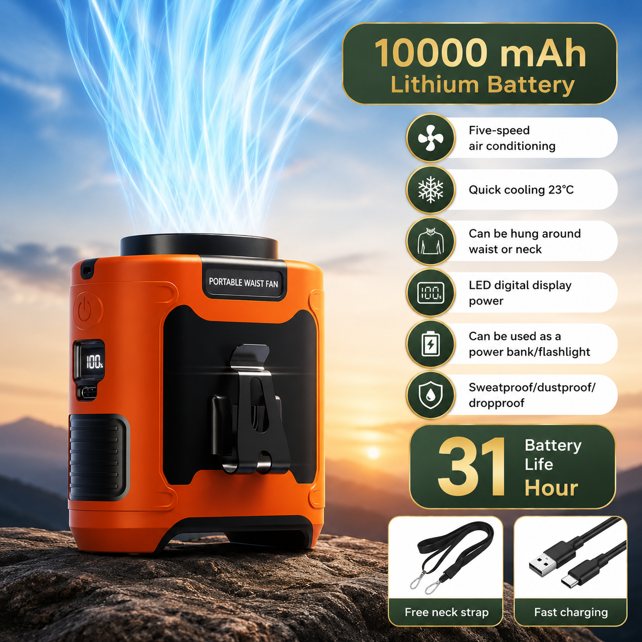 Portable Waist Clip Fan with 40H Battery for All-Day Outdoor Cooling