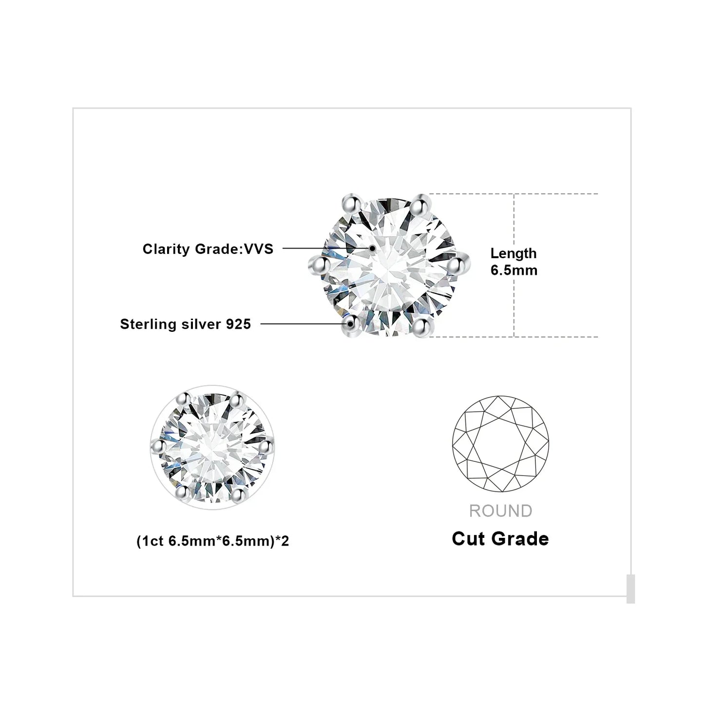 Earrings Stud Round 5A Zirconia Silver for Women (Silver)