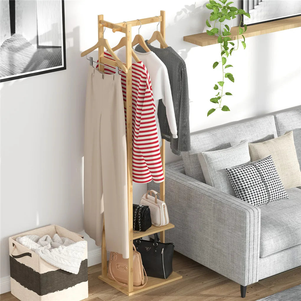 Yellow Bamboo Garment Rack with 2 Tier Shelves - Free-Standing Wooden Clothing Rack