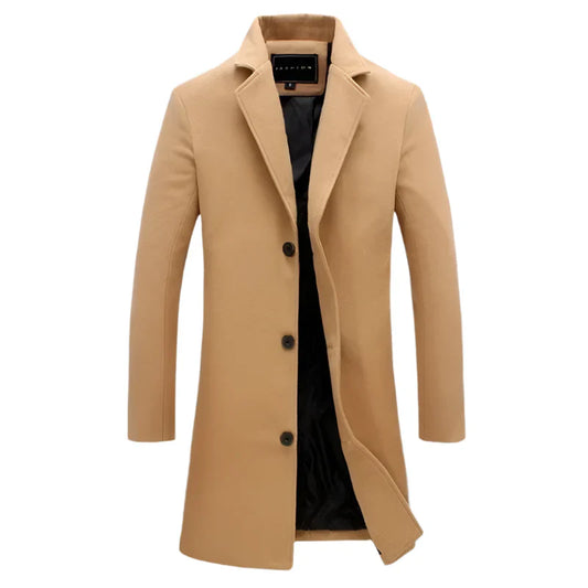 Men's Cotton Wool Blend Long Windbreaker Coat (Black Khaki)