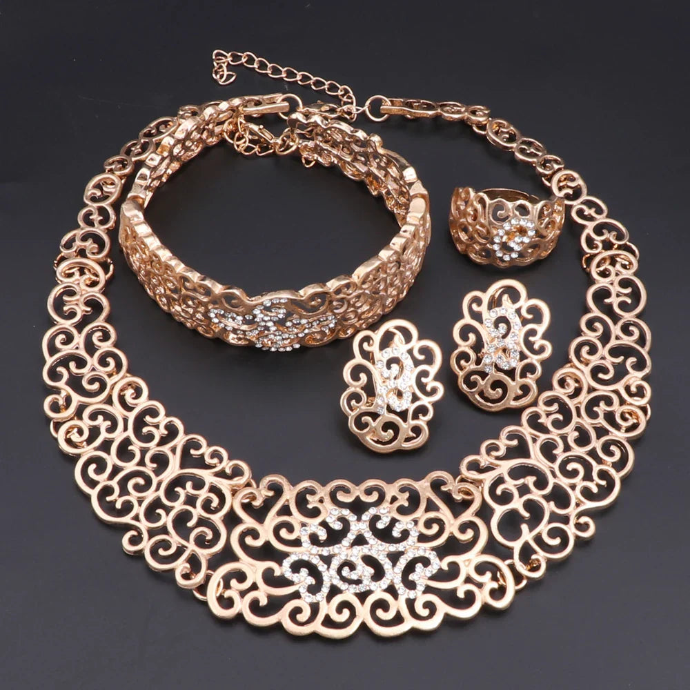 Jewelry Set Necklace Earrings Ring Bracelet (Gold)