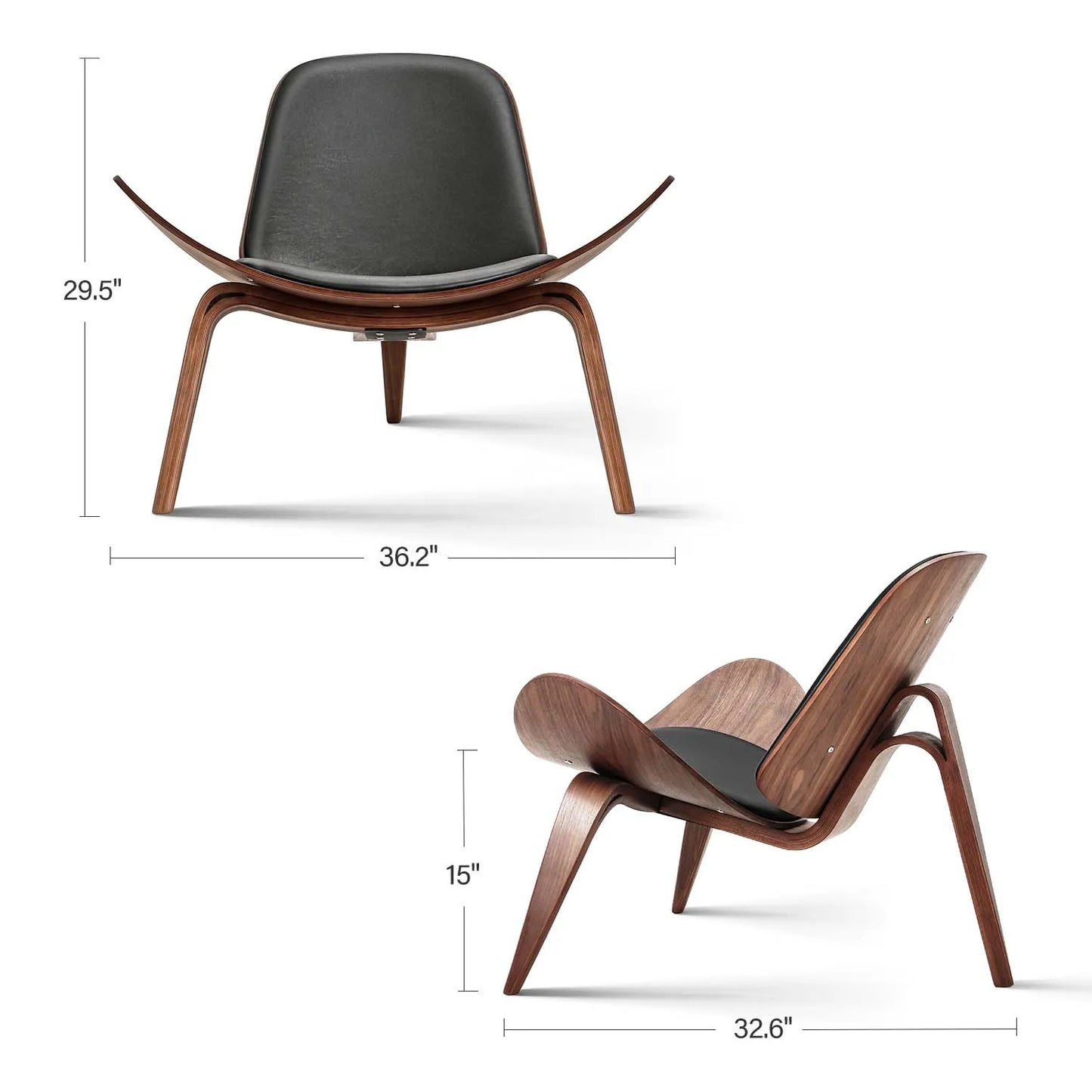 Shell Lounge Chair Tripod Wood with Black PU Leather Chairs
