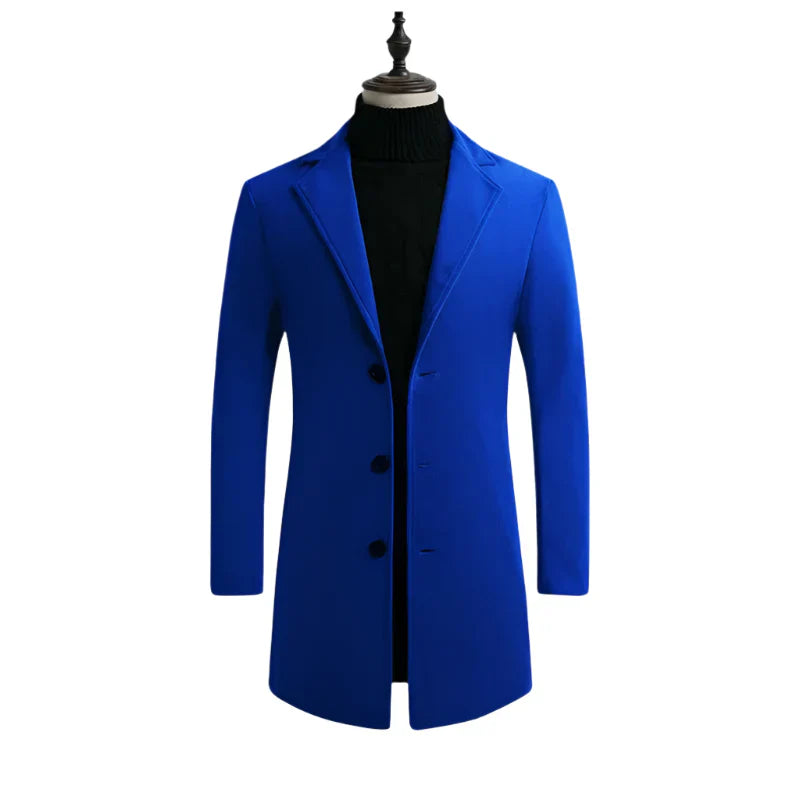Men's Cotton Wool Blend Long Windbreaker Coat (Black Sky Blue)