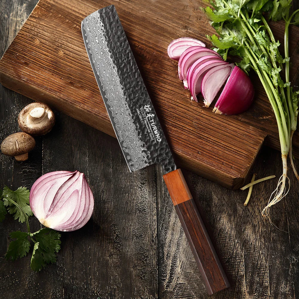 7-Inch Hand-Forged Japanese Nakiri Knife 67-Layer Damascus Steel Brown