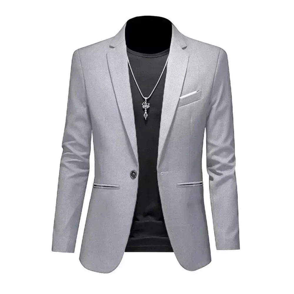 Mens Slim Fit Casual Suit Jacket Single Button (Gray)