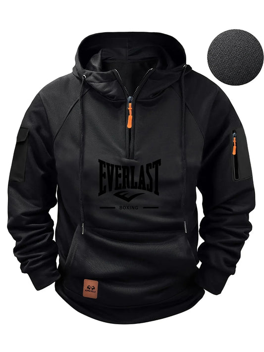 Men's Zipper Hoodie with Pockets and Print (Black)