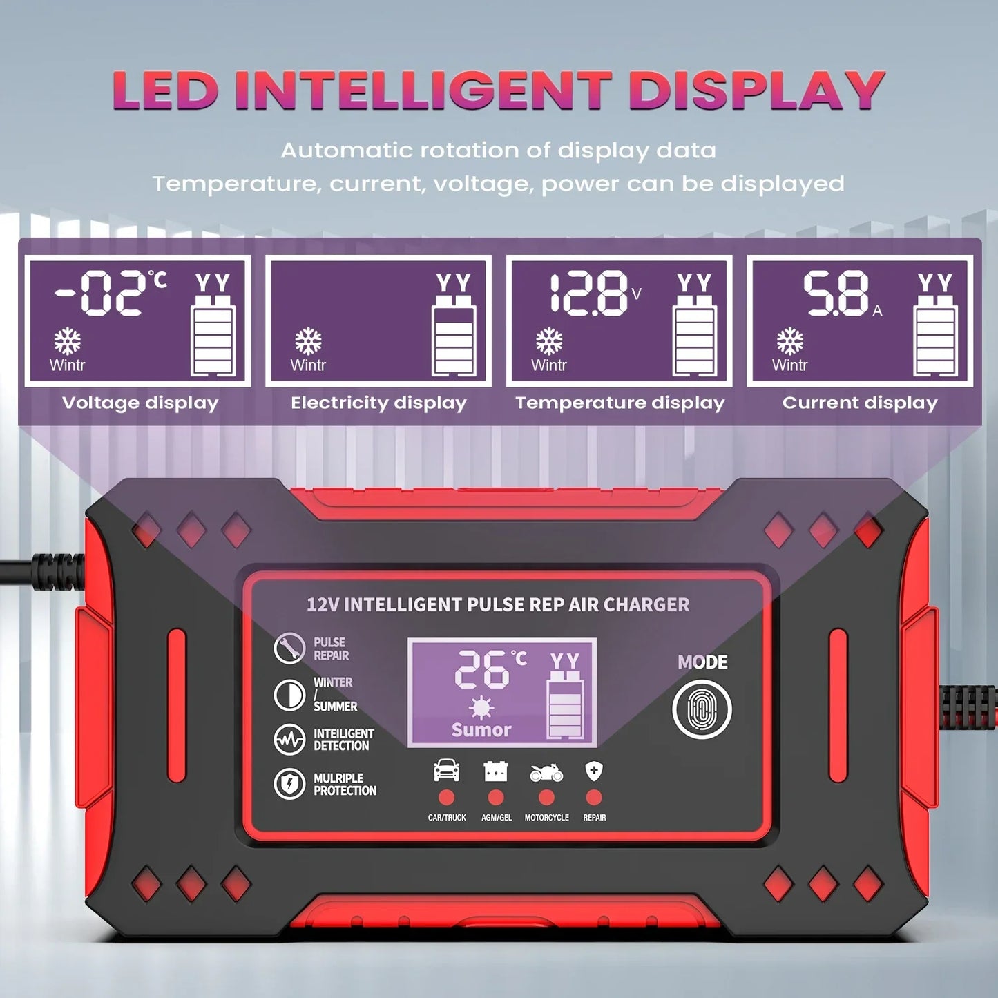 6A 12V Smart Car Battery Charger Lead-Acid Battery Red