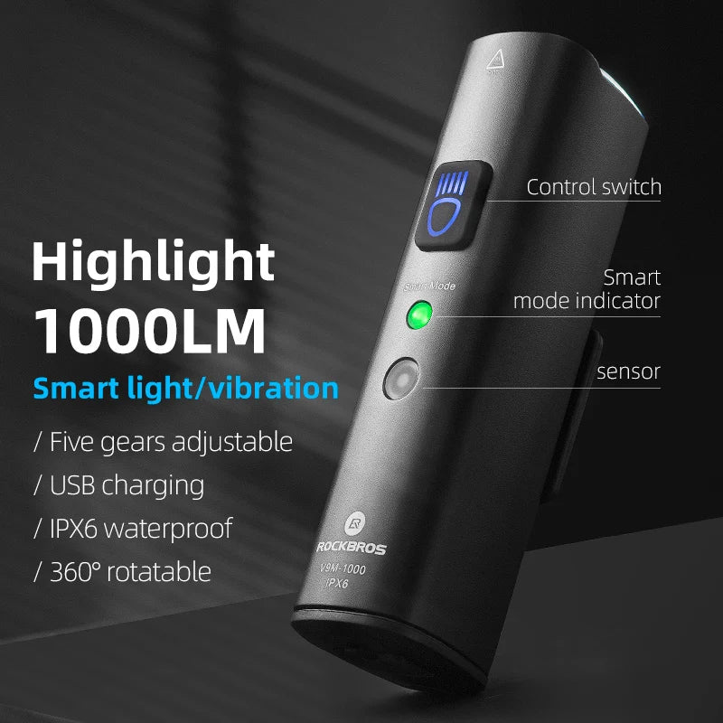 1000LM Smart Bike Headlight Vibration Light Sensing Black