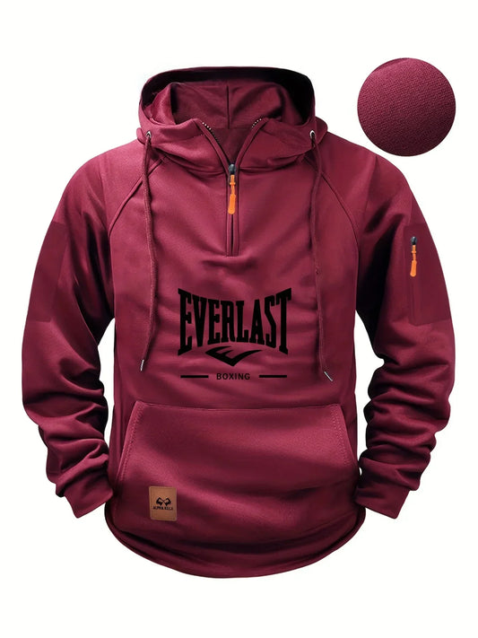 Men's Zipper Hoodie with Pockets and Print (Red)