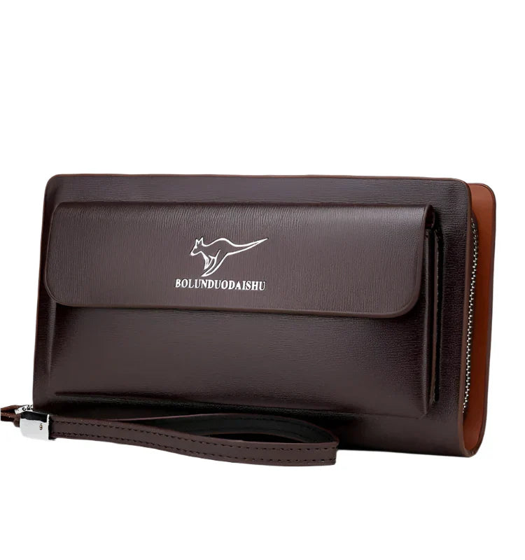 Men Leather Clutch Bag Double Zipper Business (Brown)