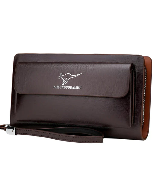 Men Leather Clutch Bag Double Zipper Business (Brown)