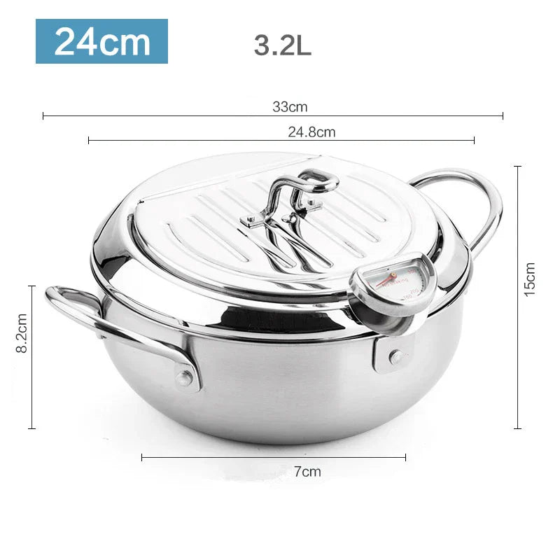 24cm Deep Frying Pot with Thermometer and Lid Silver