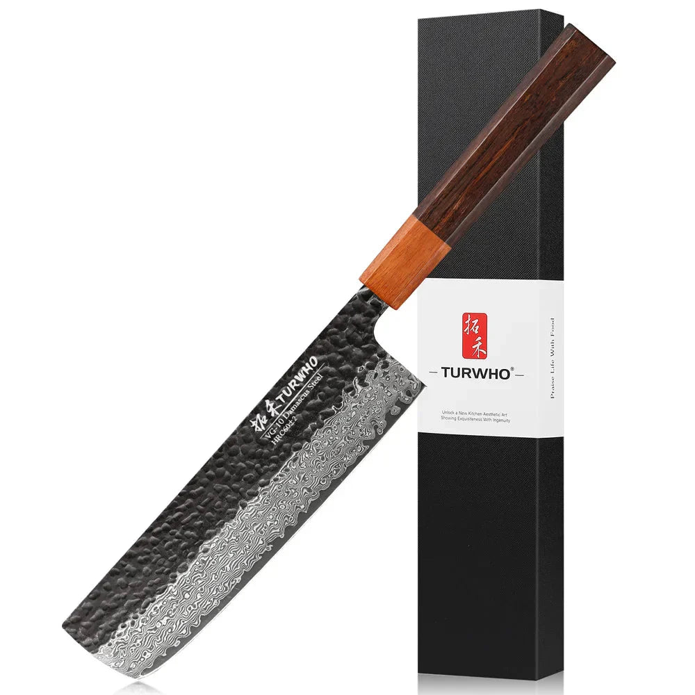 7-Inch Hand-Forged Japanese Nakiri Knife 67-Layer Damascus Steel Brown