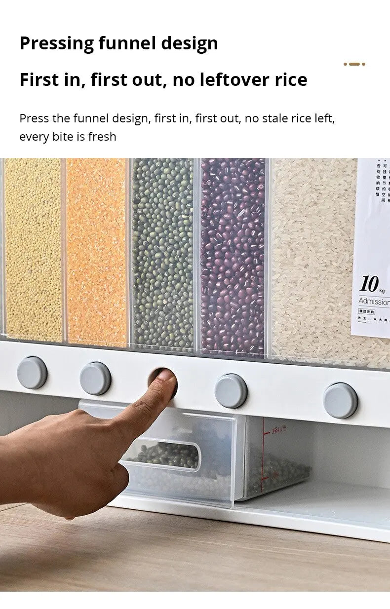 1pc Wall-Mounted Multi-Grid Food Dispenser - Large Capacity Rice Bucket