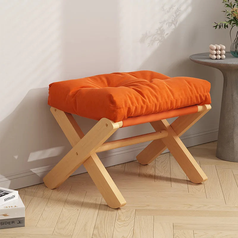 Foldable Beech Wooden Foot Stool with Soft Cushion - Orange