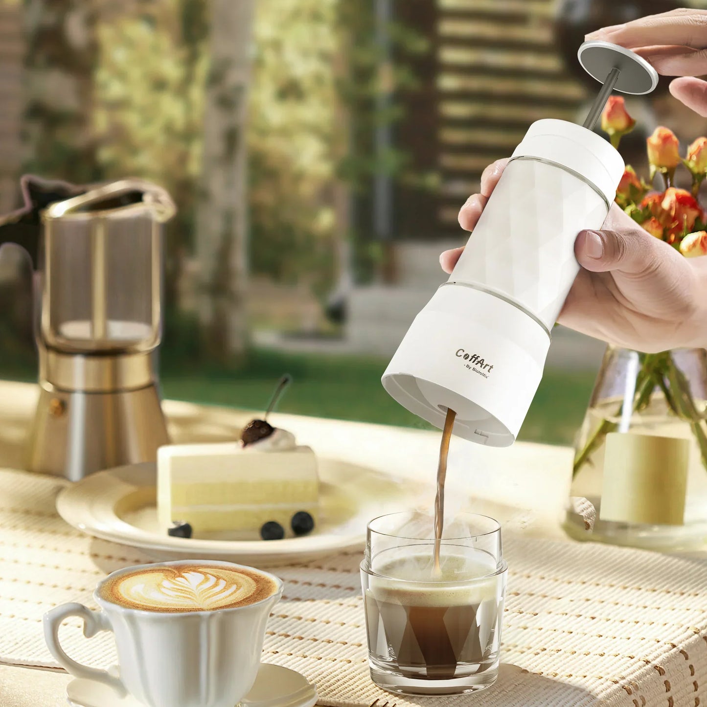 Portable Hand Press Espresso Maker 3 in 1 Travel Coffee Brewer White