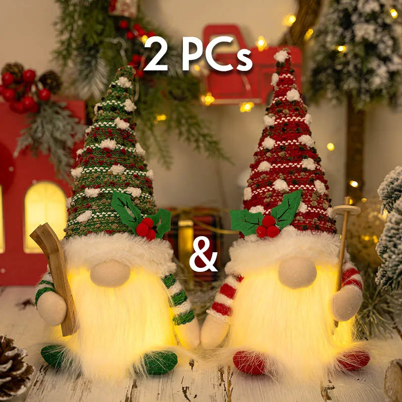 Enchanting Christmas Doll Sled Elf Ski Gnome with LED Light - 28cm (2pc Red Green)