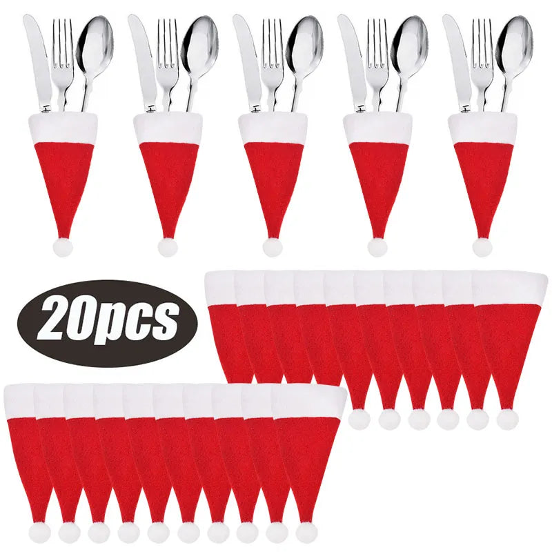 Set of 20 Christmas Hat Cutlery Bags - Festive Tableware Holders for Xmas Home Kitchen Decor