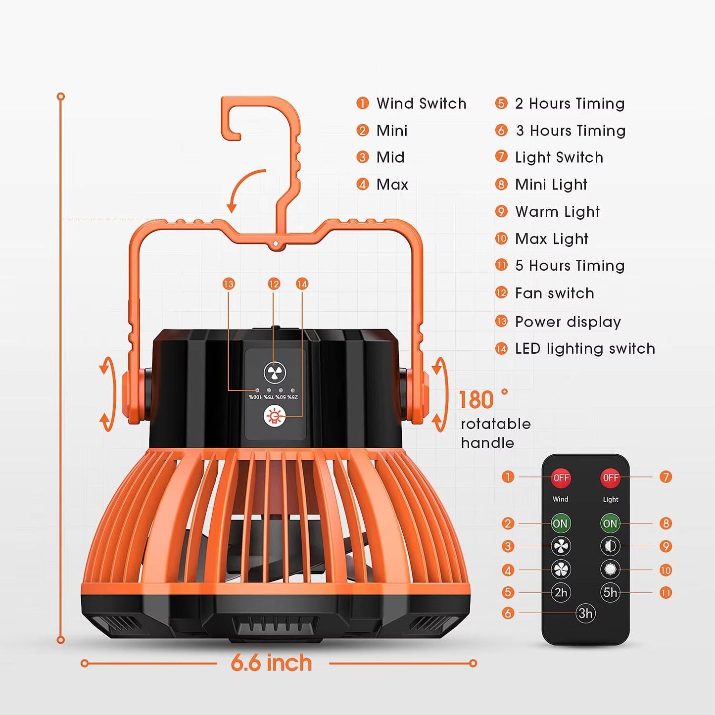 2-in-1 Rechargeable USB Tent Ceiling Fan with LED Light - Orange