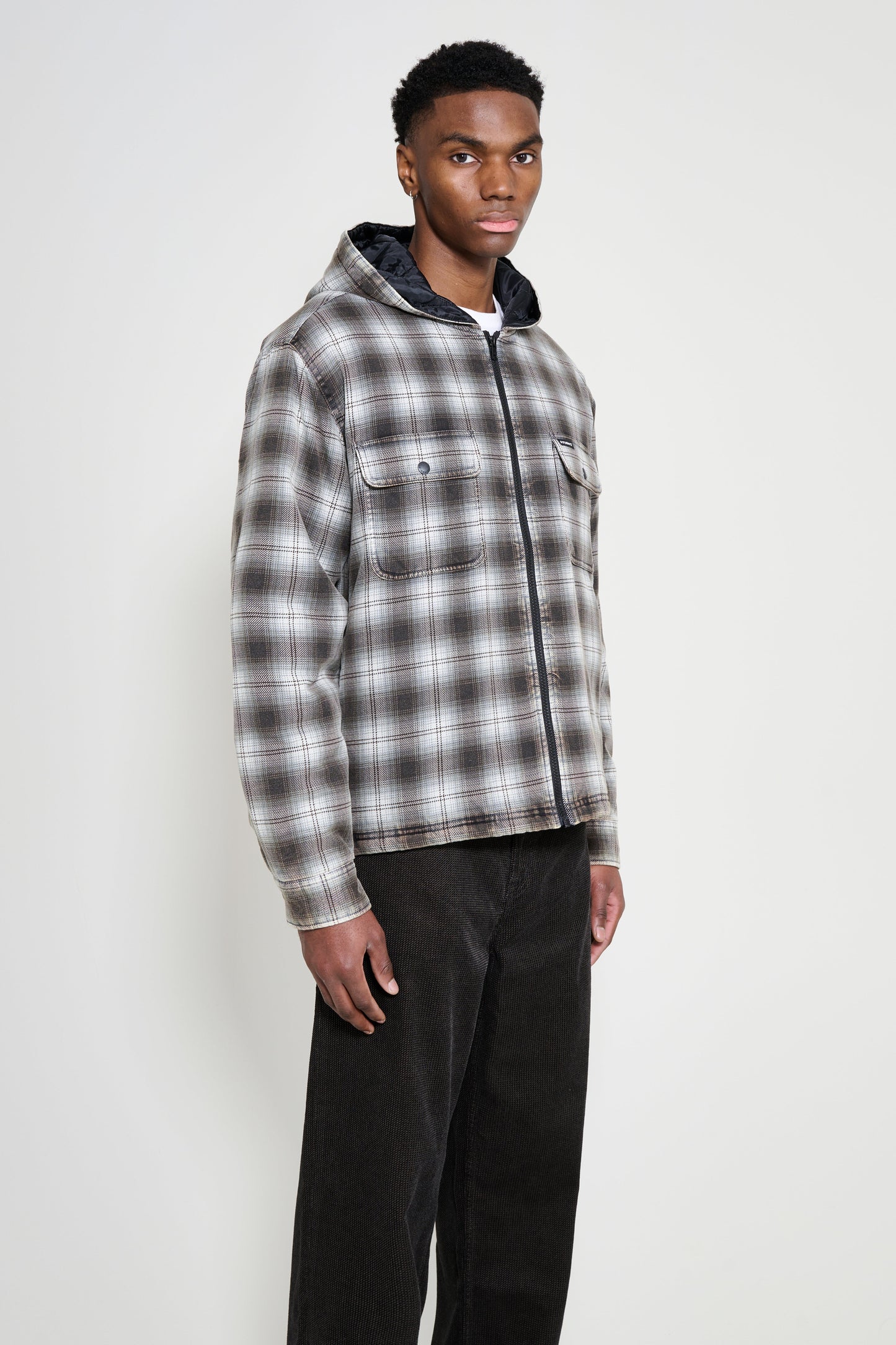 Stüssy Zip Hooded Plaid Shirt Charcoal