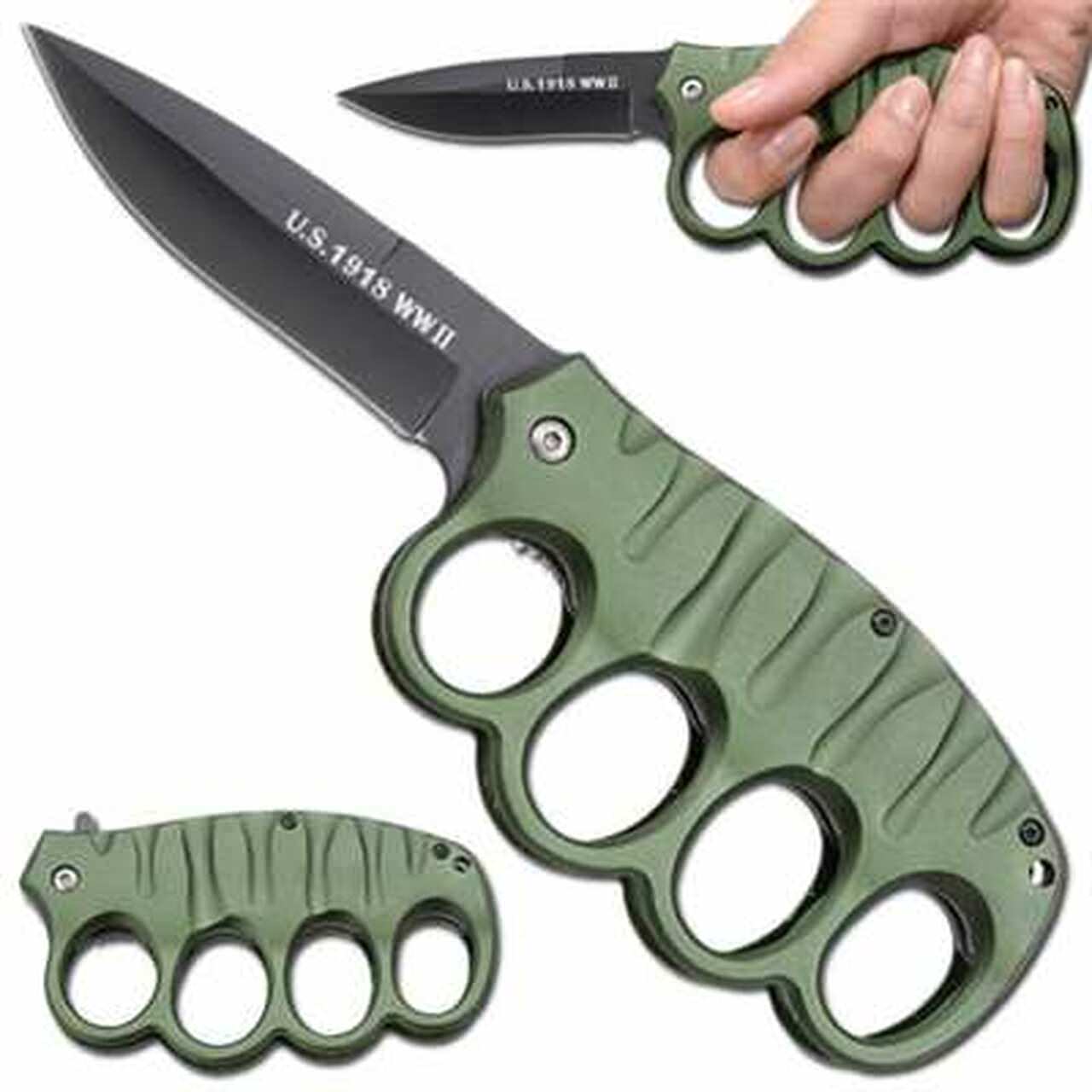 3.5" Blade Green Trench Knuckle Spring-Assist Folding Knife