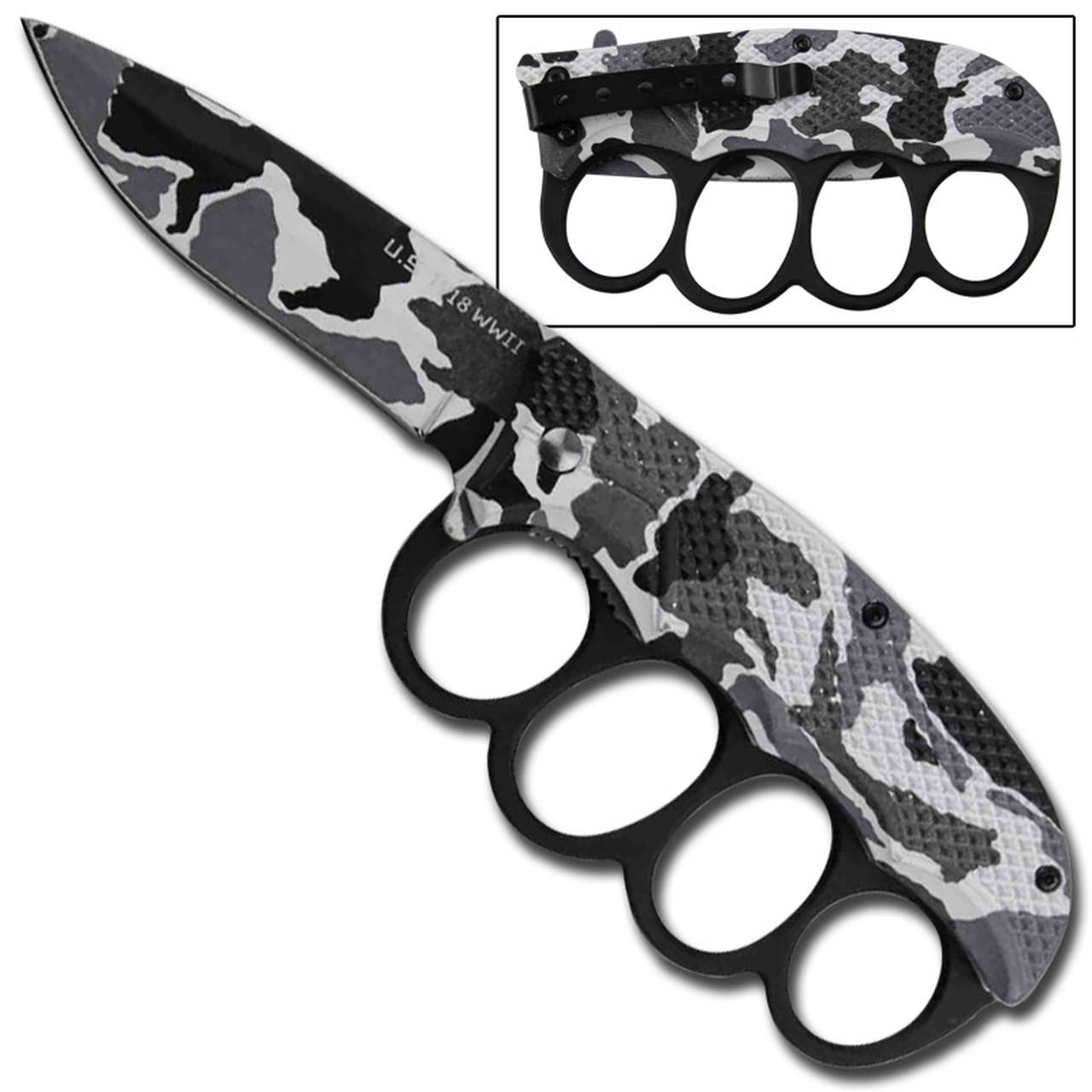 3.5" Blade Camo Trench Knuckle Spring-Assist Folding Knife