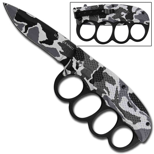3.5" Blade Camo Trench Knuckle Spring-Assist Folding Knife