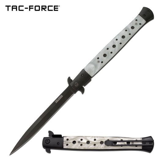 Huge Italian Stiletto Style Spring Assist Knife - White Pearl Handle