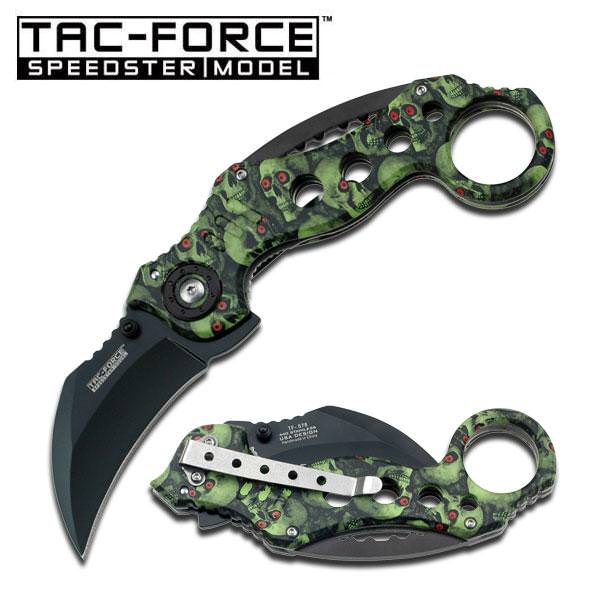Spring Assist - Green Skulls Handle - Karambit Tactical Knife