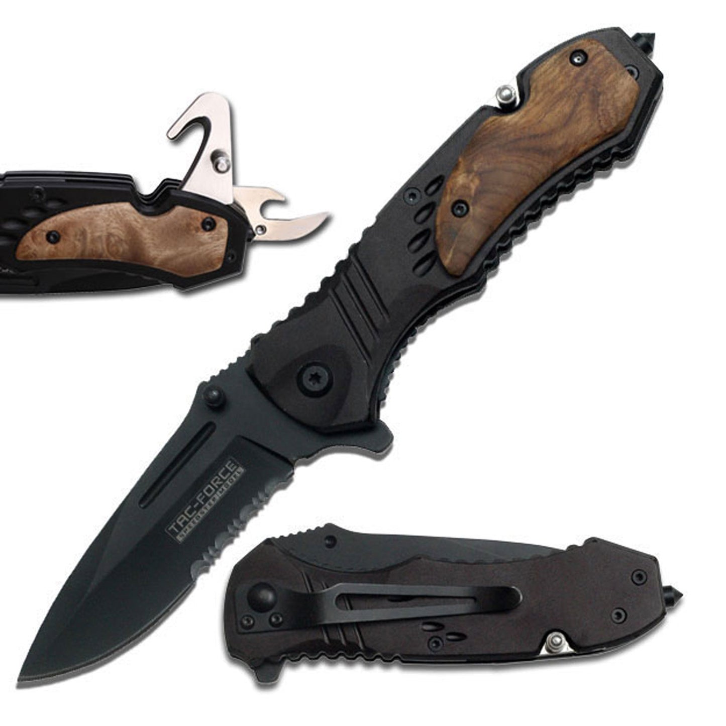 Spring Assist Knife, Black Half-Serrated Blade, Burl Wood Handle