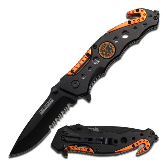 Spring Assist Pocket Knife Black EMT Paramedic Serrated Blade