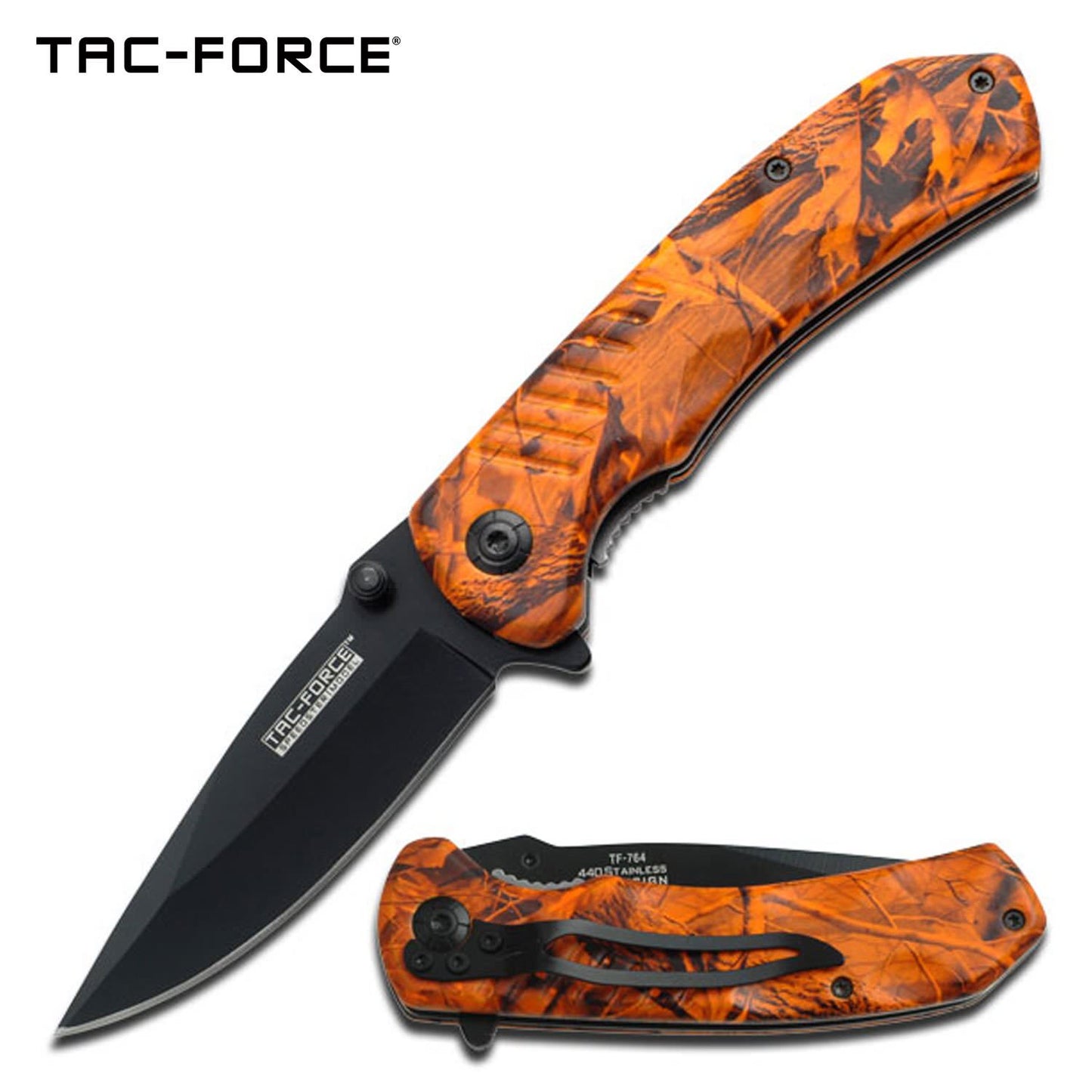 Orange Camo Handle Spring Assisted Knife With Pocket Clip - 4.25" Closed In Length