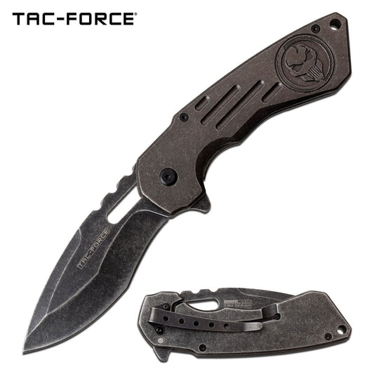 3.5" Gray Stone Blade Skull Tactical EDC Spring-Assist Folding Knife