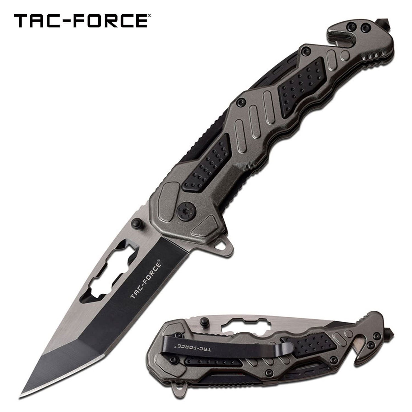 Gray Tactical Rescue Black Tanto Blade Spring-Assist Folding Knife