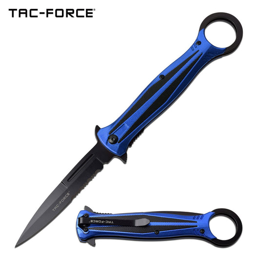 4" Stiletto Serrated Blade Blue Tactical Spring-Assist Folding Knife