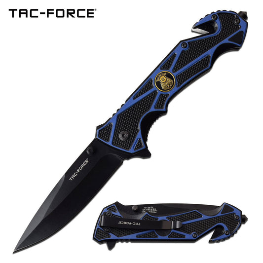 Spring Assist Folding Knife Blue Police Black Blade Rescue