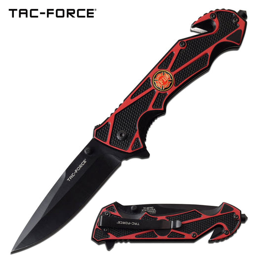 Red Firefighter Black Blade Rescue Spring-Assist Folding Knife